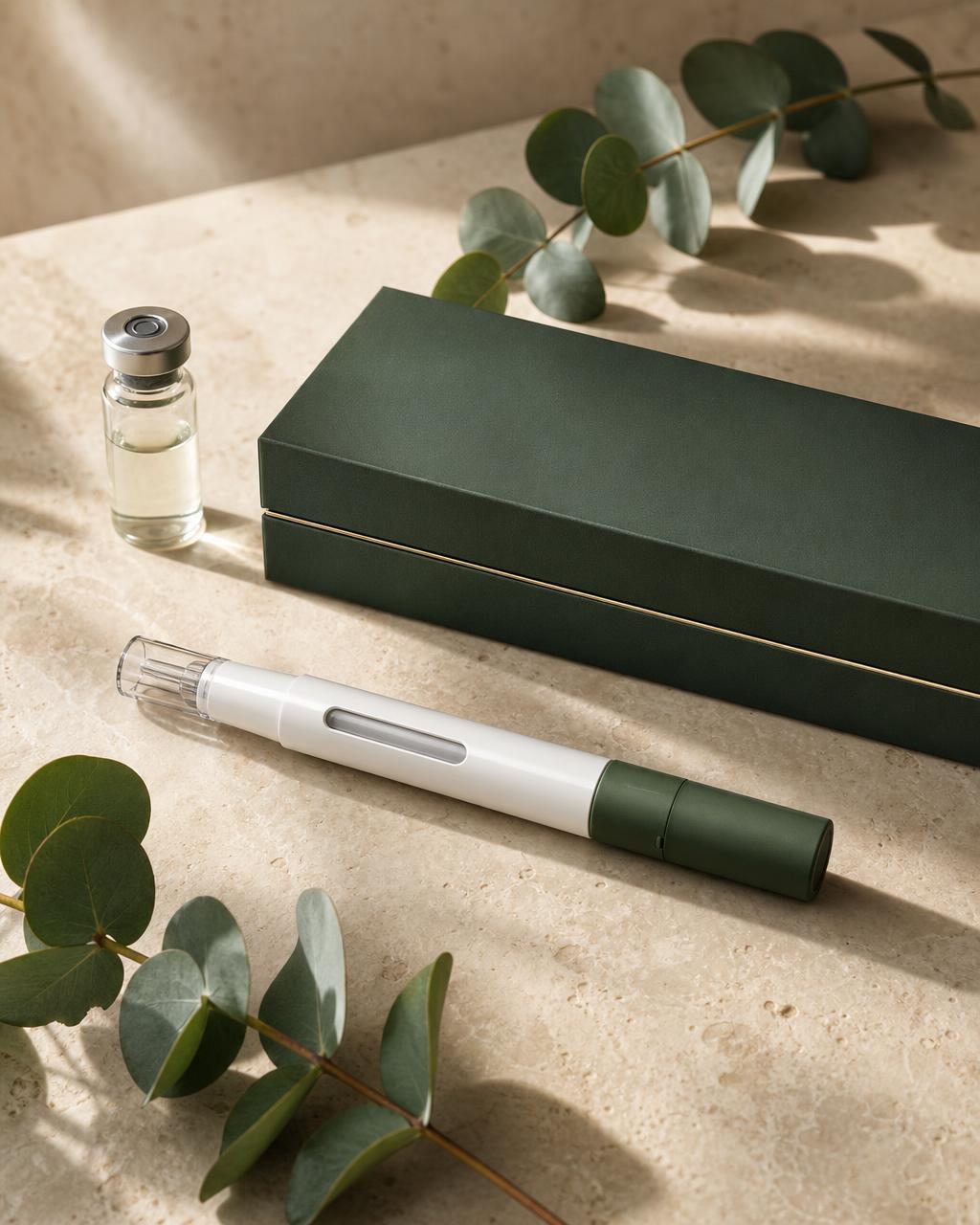 Retatrutide 40mg research pen presentation box with eucalyptus on travertine