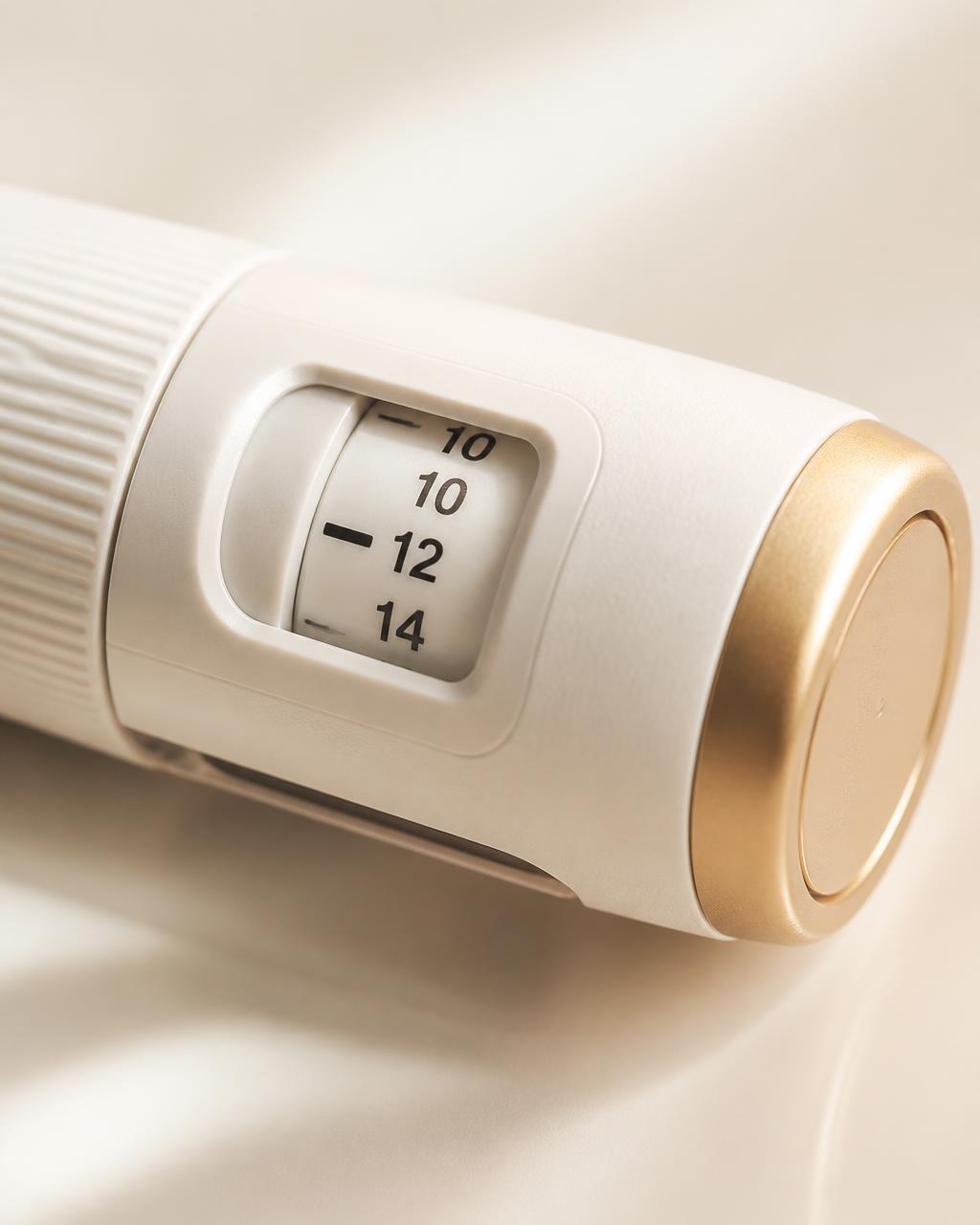 Close-up of the adjustable dose dial window on the Retatrutide pen
